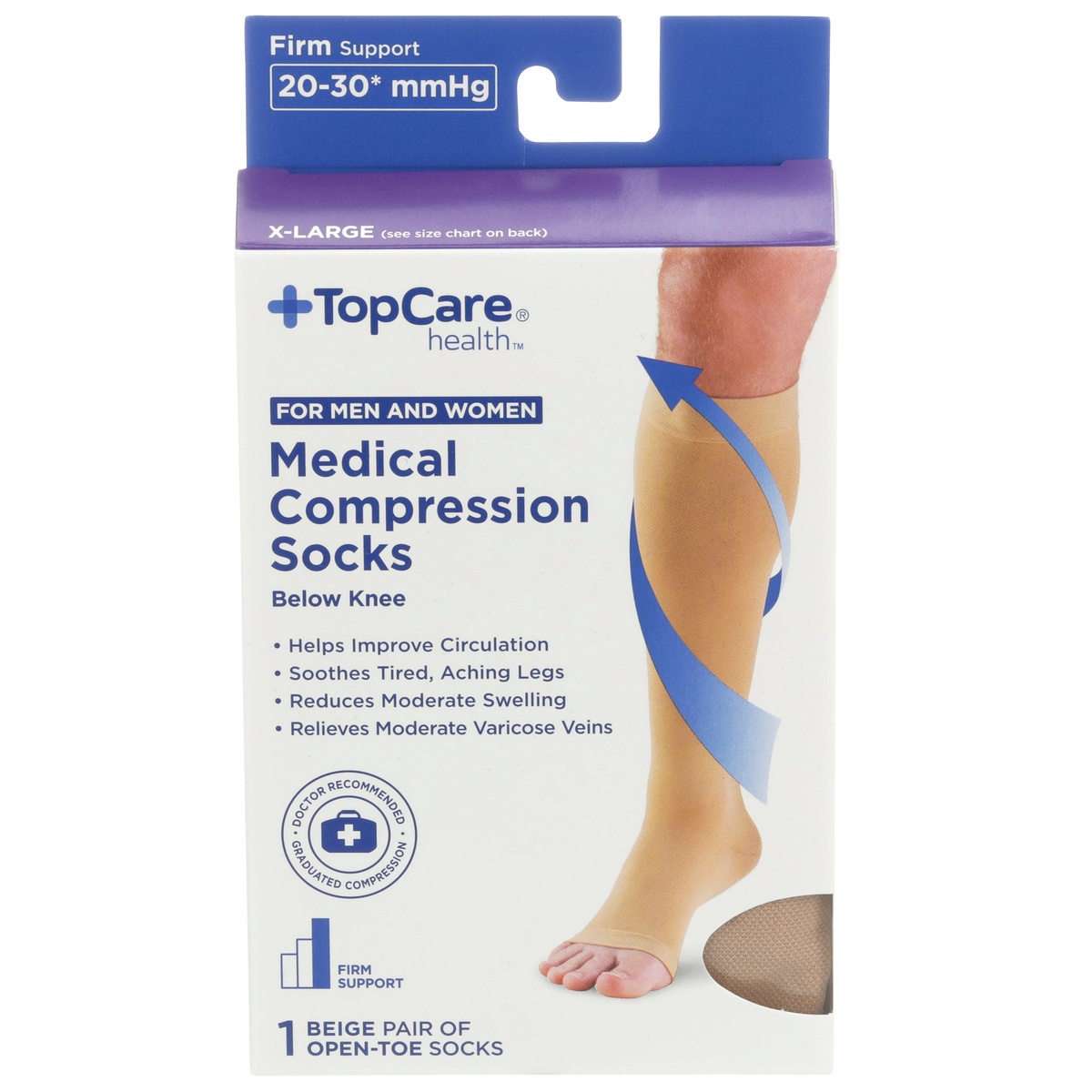 slide 1 of 8, TopCare Health Men & Women X-Large Medical Compression Socks Below Knee, Beige Open Toe, 1 pair