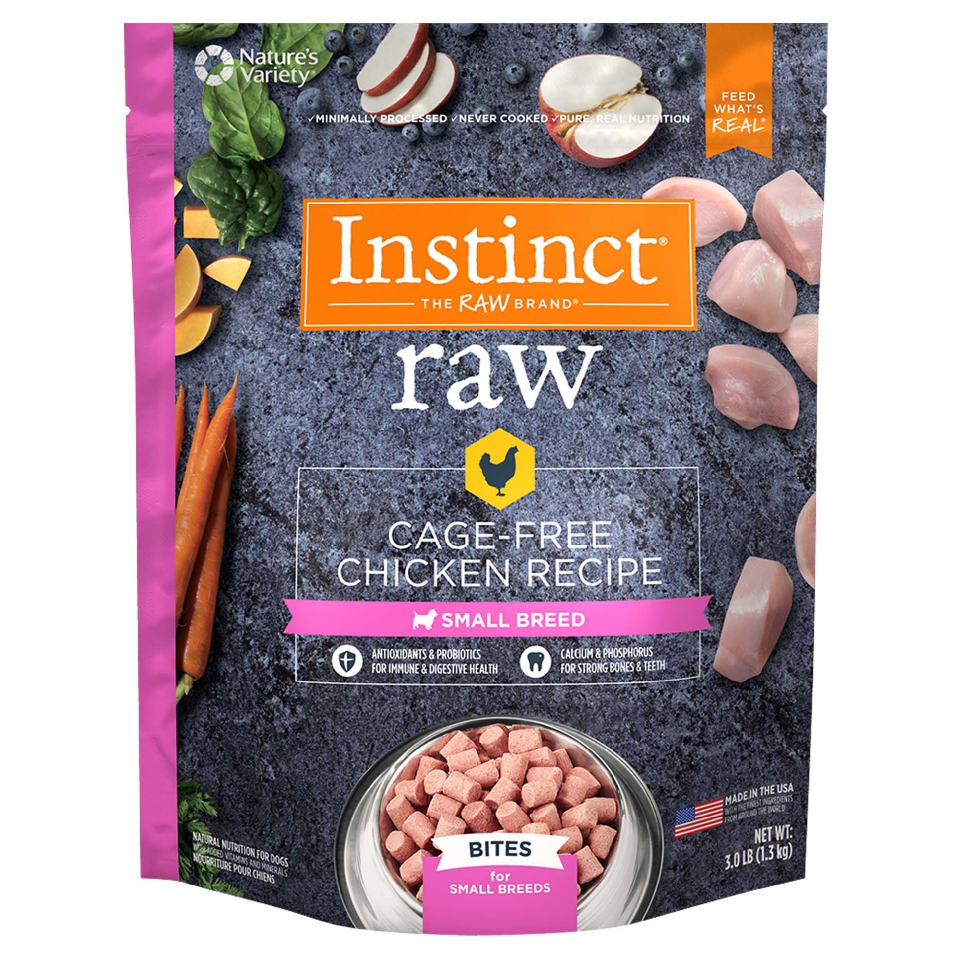 slide 1 of 1, Nature's Variety Instinct Frozen Raw Bites Small Breed Grain-Free Cage Free Chicken Recipe Natural Dog Food, 3 lb