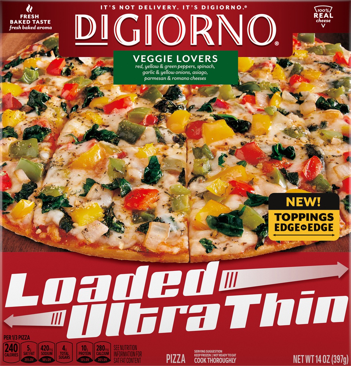 slide 3 of 15, DiGiorno Loaded Ultra Thin Crust Veggie Lovers Pizza (Frozen), 14 oz