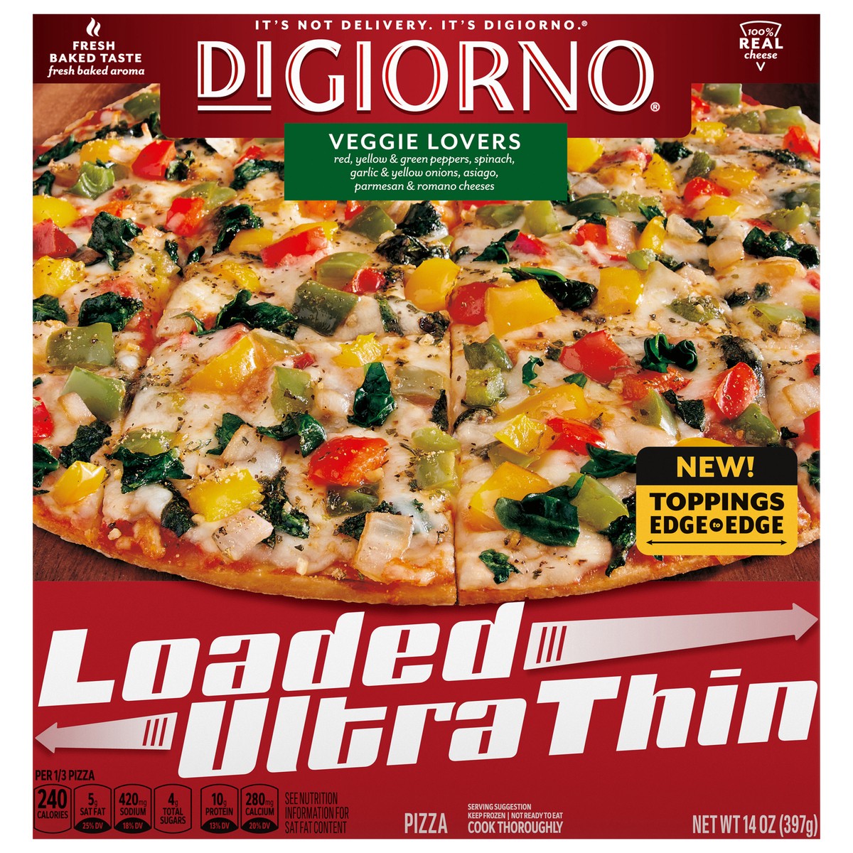 slide 14 of 15, DiGiorno Loaded Ultra Thin Crust Veggie Lovers Pizza (Frozen), 14 oz