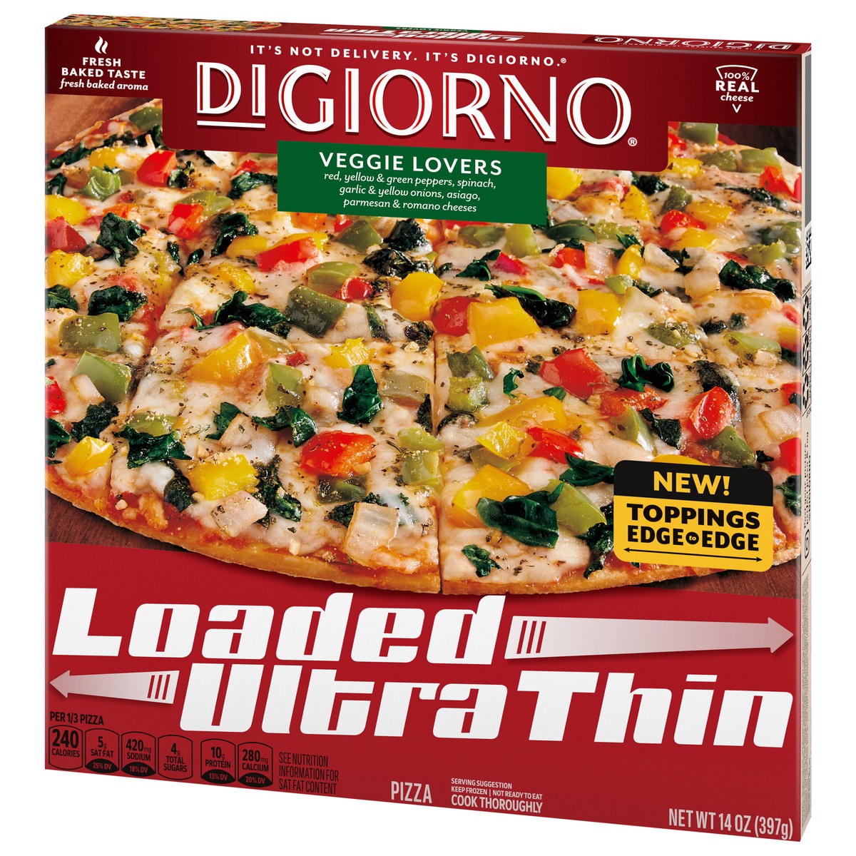 slide 15 of 15, DiGiorno Loaded Ultra Thin Crust Veggie Lovers Pizza (Frozen), 14 oz