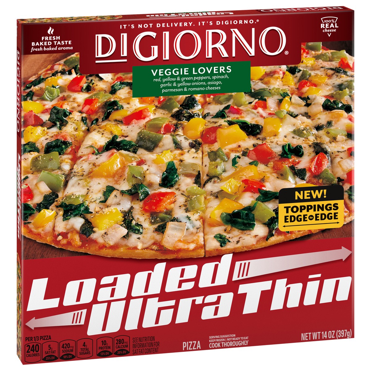 slide 6 of 15, DiGiorno Loaded Ultra Thin Crust Veggie Lovers Pizza (Frozen), 14 oz