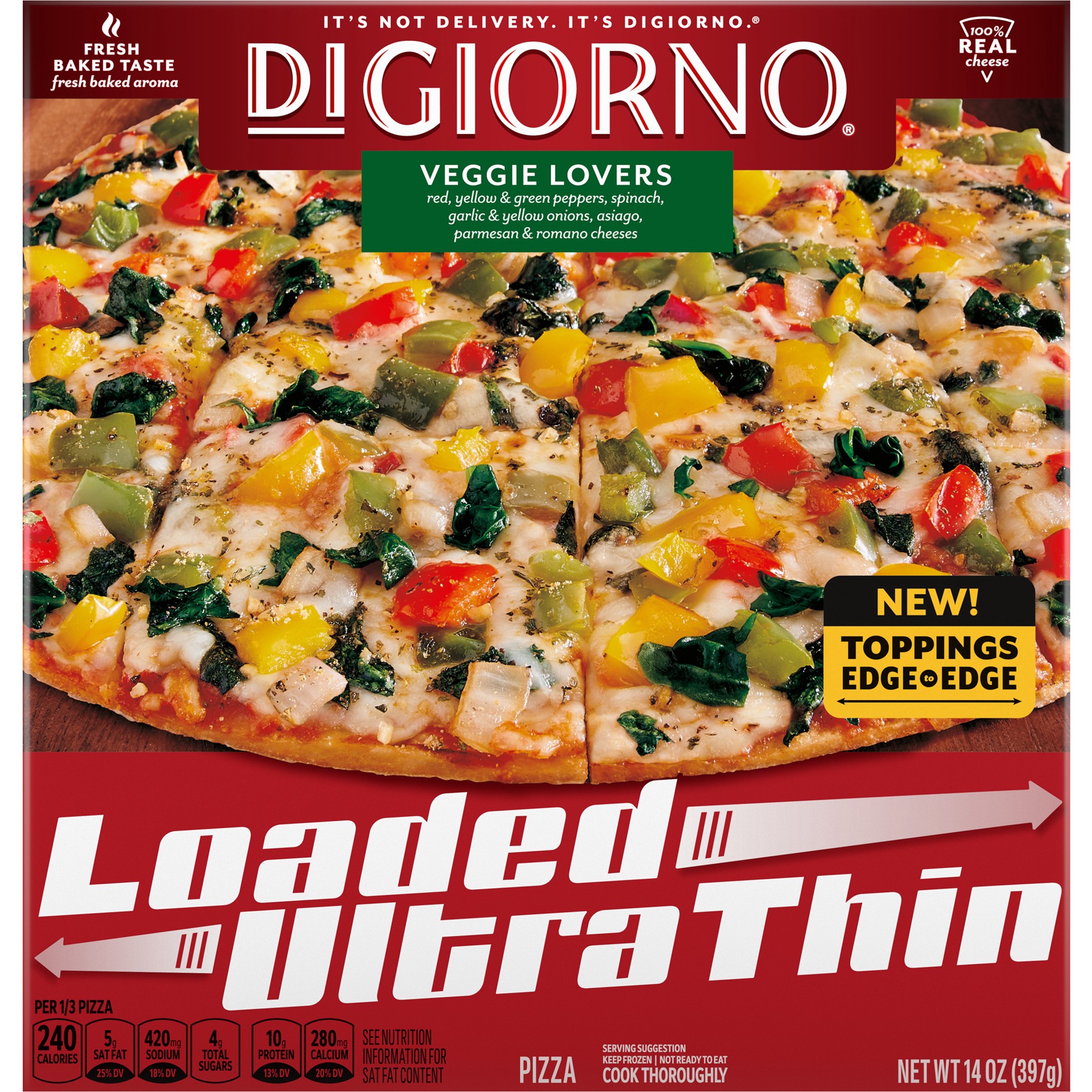 slide 1 of 15, DiGiorno Loaded Ultra Thin Crust Veggie Lovers Pizza (Frozen), 14 oz