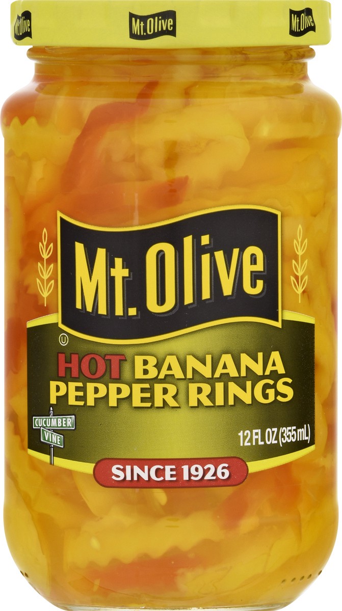 slide 1 of 6, Mt. Olive Hot Banana Pepper Rings 12 fl oz Jar, 12 oz