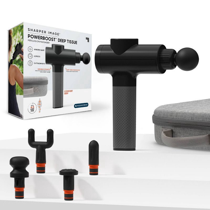 slide 1 of 1, Sharper Image Powerboost Deep Tissue Percussion Massage Gun, 5 Interchangeable Attachments, Black, 1 ct