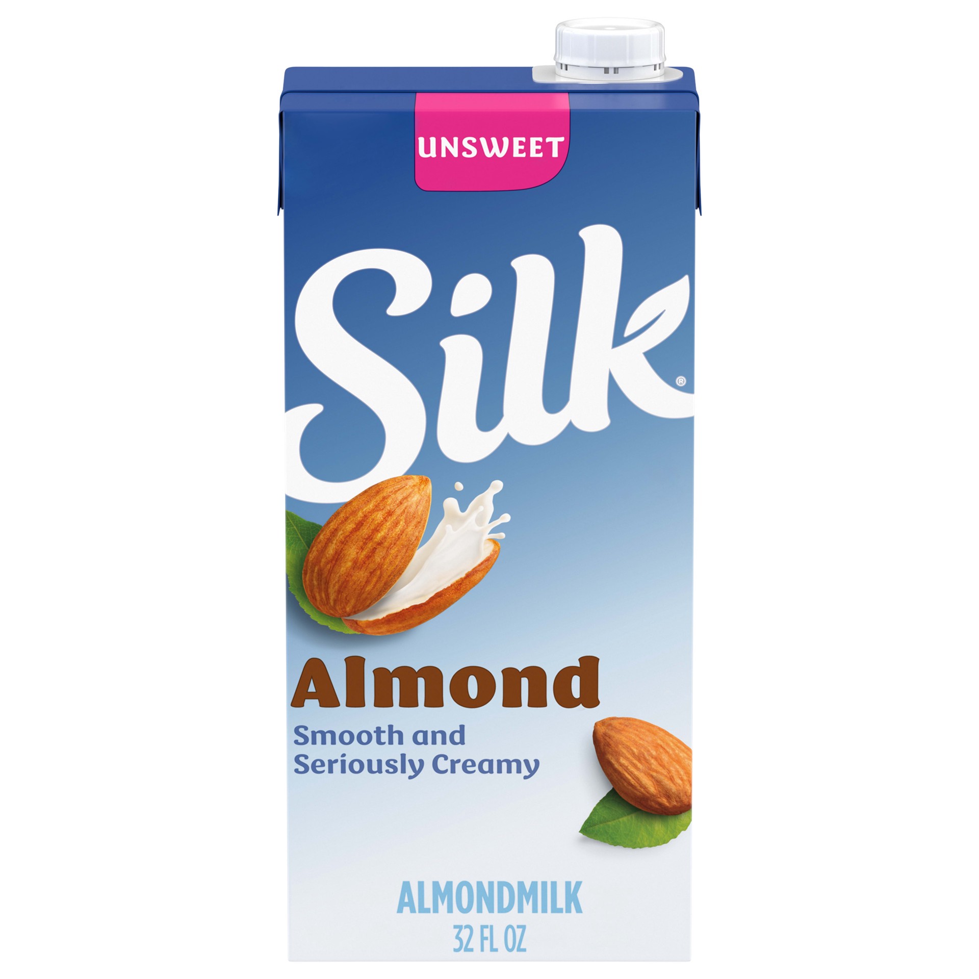 slide 1 of 5, Silk Almond Milk, Unsweetened, Shelf Stable, Dairy Free, Lactose Free, Gluten Free Vegan Milk with 0g Saturated Fat and No Cholesterol per Serving, 32 FL OZ Quart, 32 fl oz