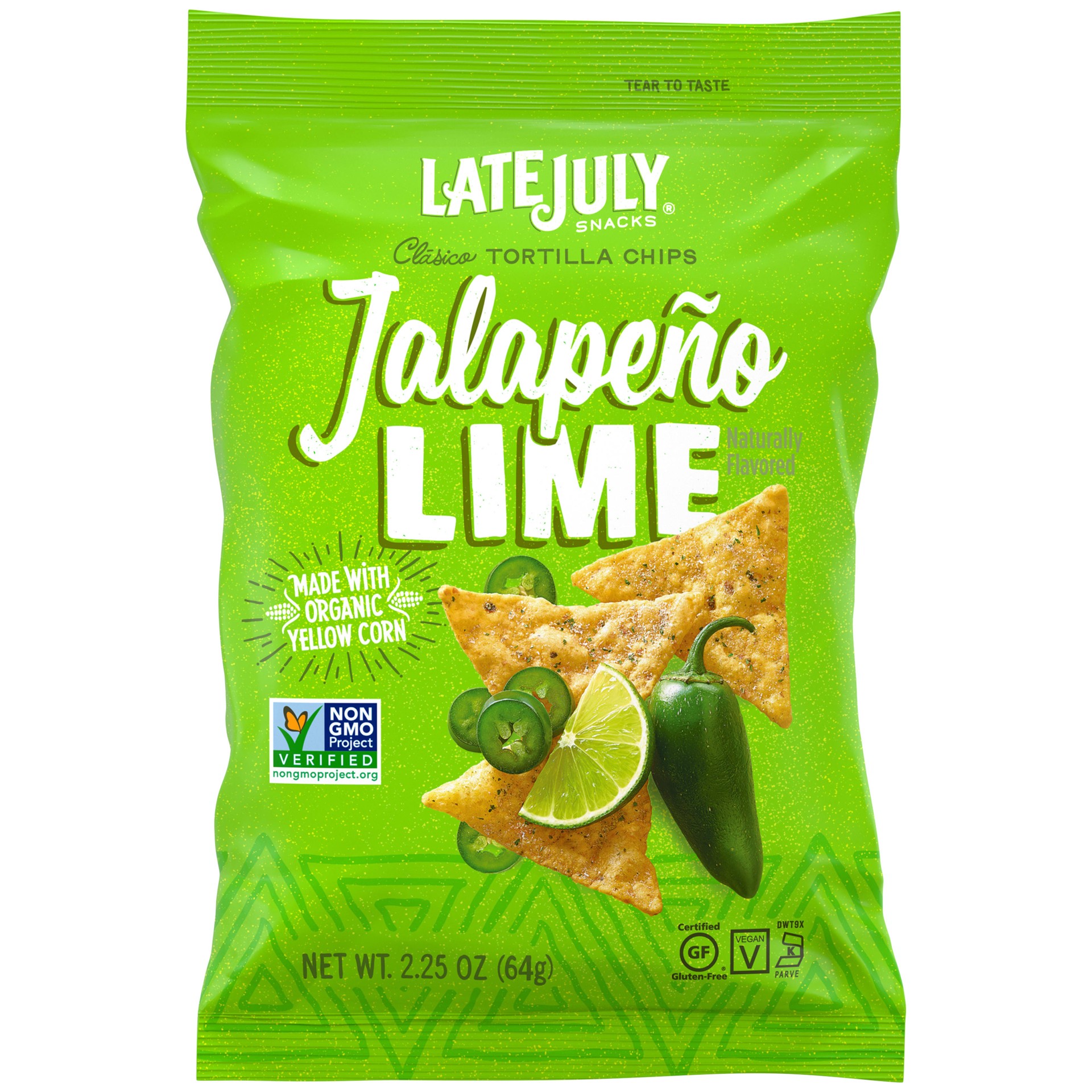 slide 1 of 5, LATE JULY Snacks Clásico Jalapeño Lime Tortilla Chips, 2.25 oz. Snack Pack, 2.25 oz