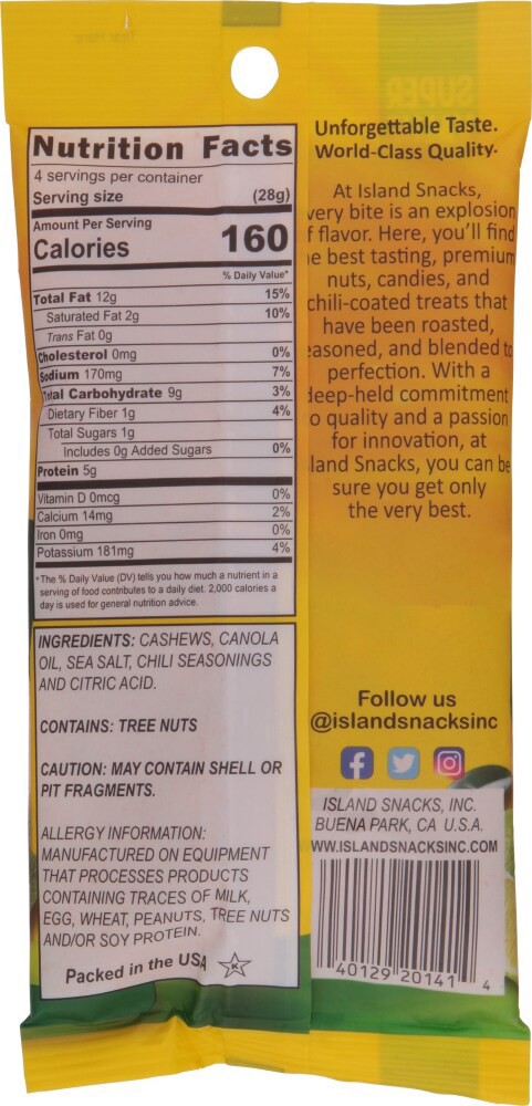 slide 2 of 2, Island Snacks Super Value Spicy Chili Lime Cashews - 4 oz, 4 oz