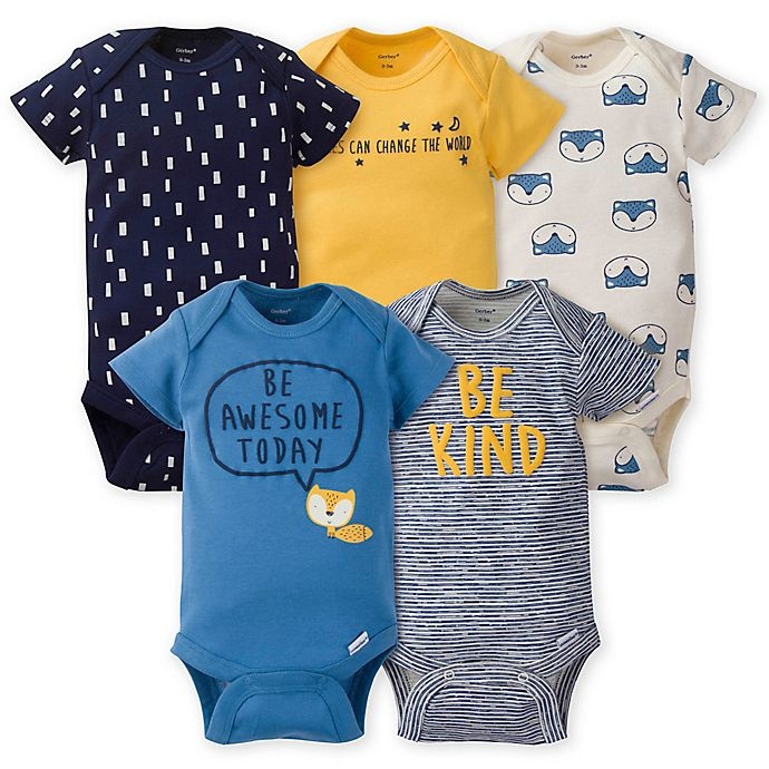 slide 1 of 5, Gerber Onesies Newborn Fox Bodysuits - Gold/Blue, 5 ct