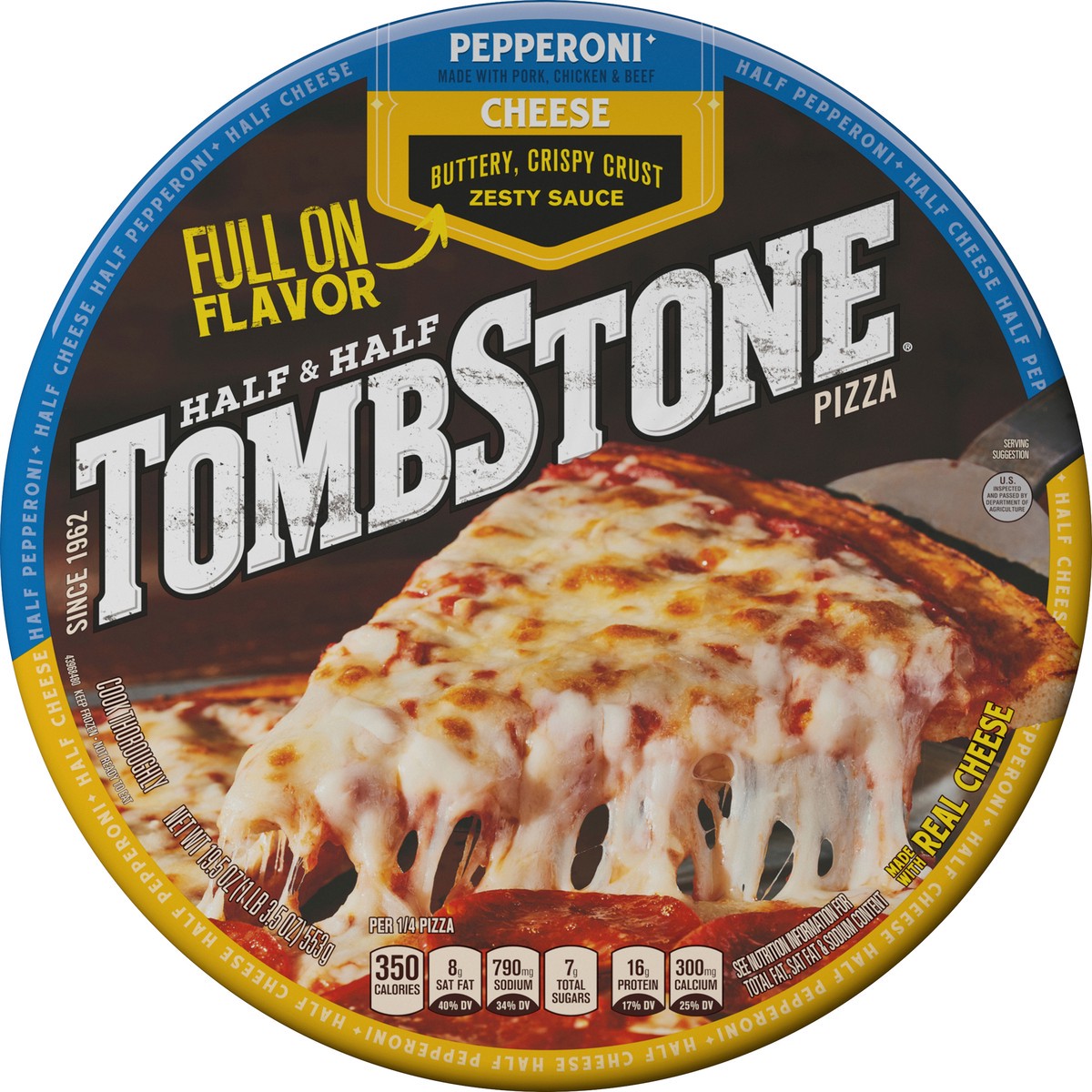 slide 5 of 6, Tombstone HALF & HALF Pepperoni & Cheese Frozen Pizza Pack, 19.5 oz