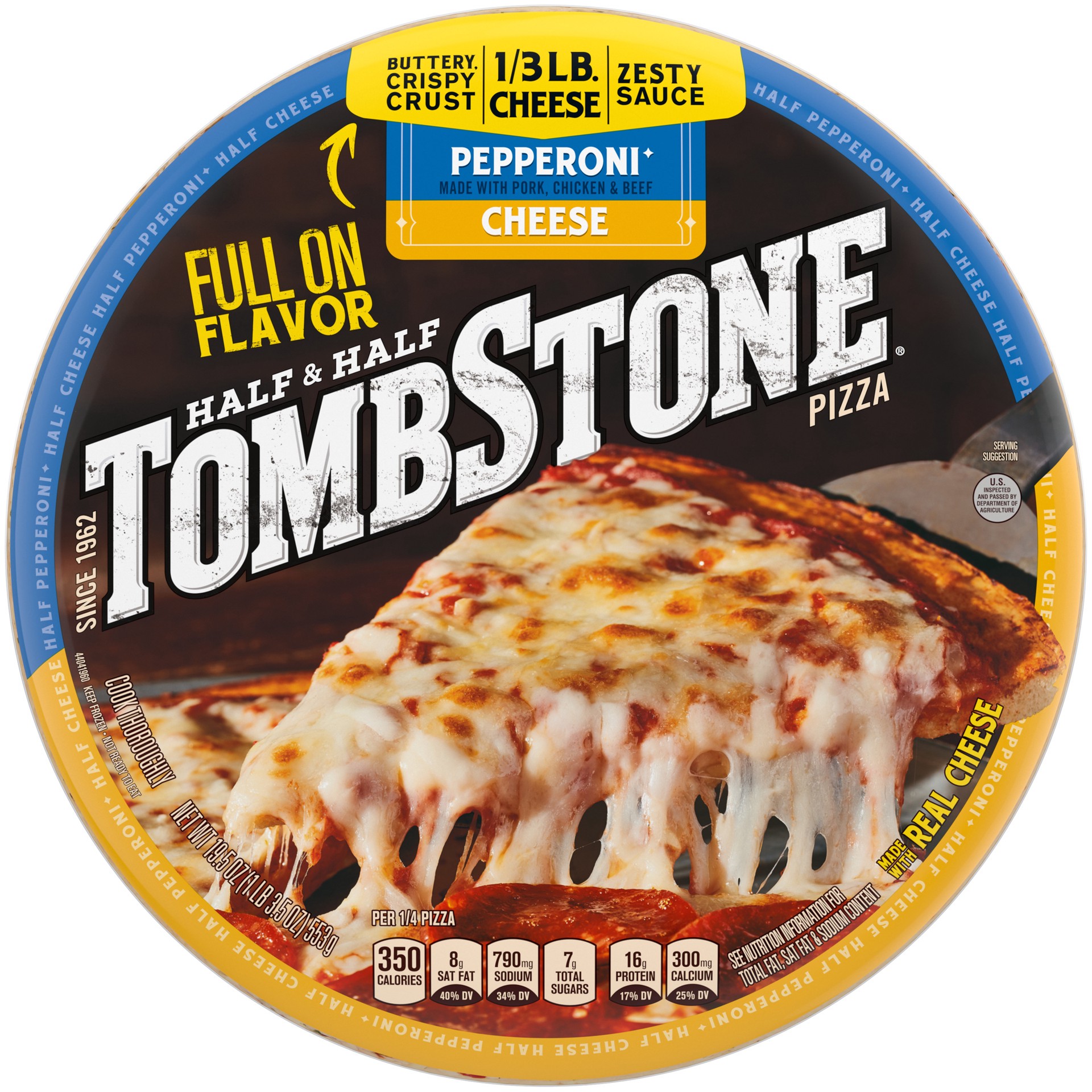 slide 1 of 6, Tombstone HALF & HALF Pepperoni & Cheese Frozen Pizza Pack, 19.5 oz