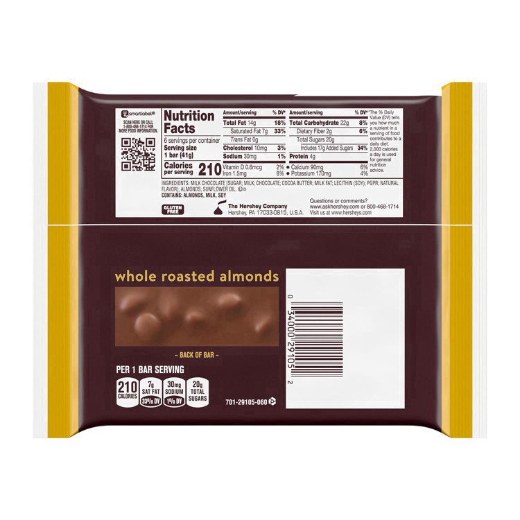 slide 12 of 81, Hershey's Milk Chocolate with Whole Almonds Candy Bars, 1.45 oz (6 Count), 1.45 oz