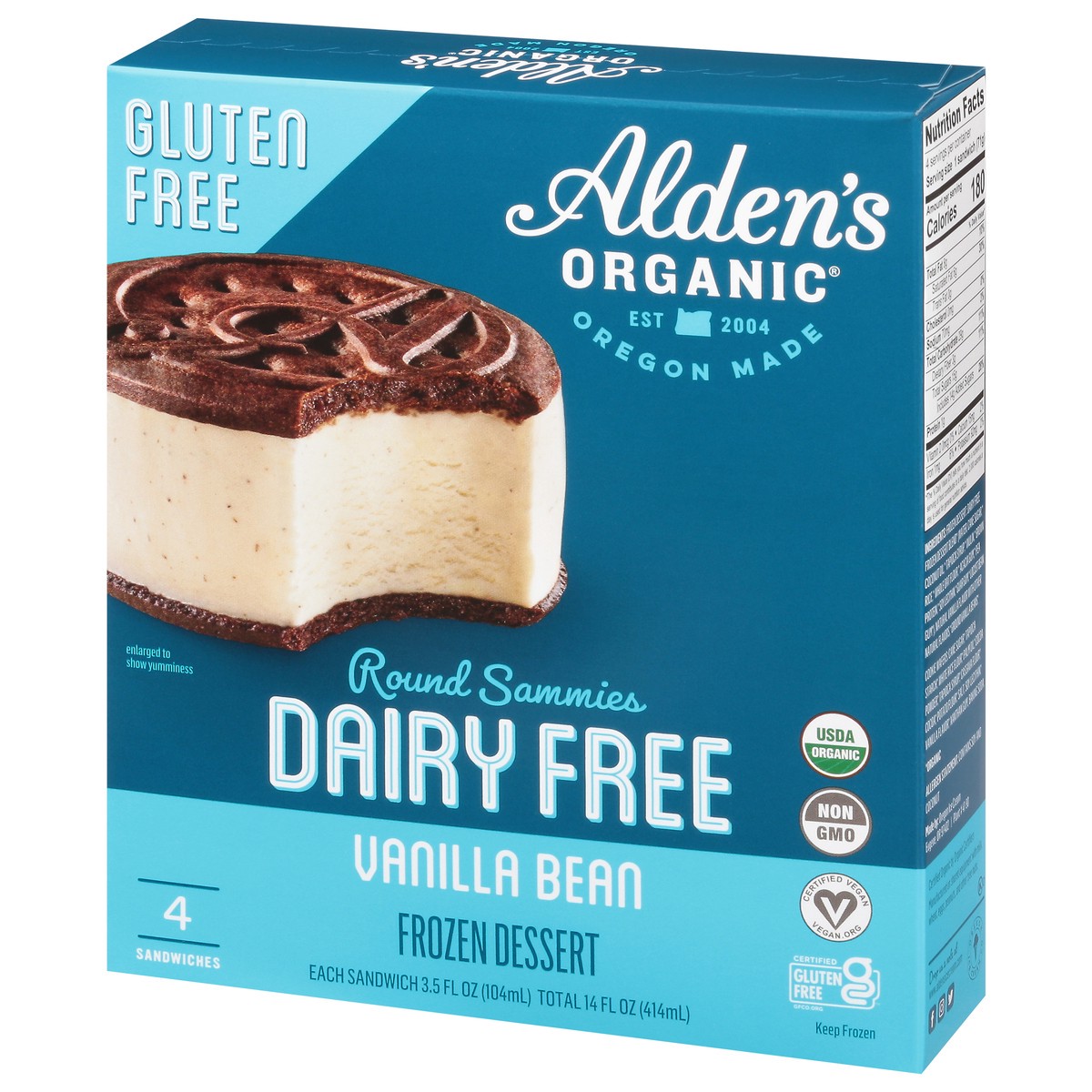 slide 5 of 9, Alden's Organic Round Sammies Dairy Free Vanilla Bean Frozen Dessert 4 Sandwiches 3.5 fl oz Packed, Unspecified 4 ea, 4 ct