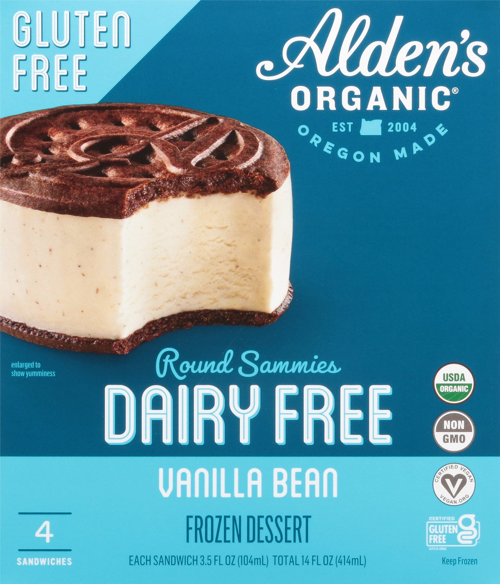slide 9 of 9, Alden's Organic Round Sammies Dairy Free Vanilla Bean Frozen Dessert 4 Sandwiches 3.5 fl oz Packed, Unspecified 4 ea, 4 ct