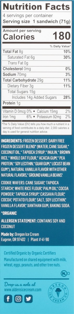 slide 4 of 9, Alden's Organic Round Sammies Dairy Free Vanilla Bean Frozen Dessert 4 Sandwiches 3.5 fl oz Packed, Unspecified 4 ea, 4 ct