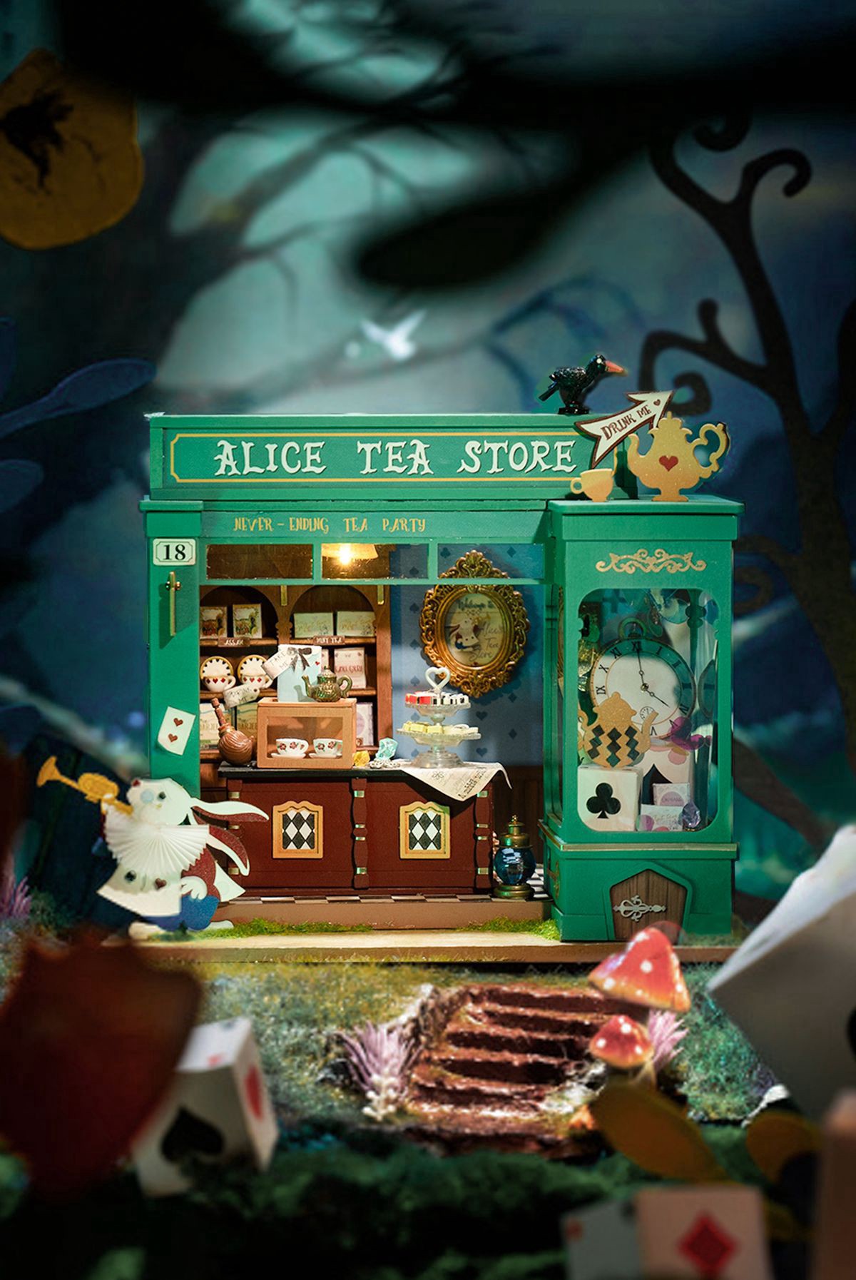 slide 6 of 8, Robotime Rolife Alice's Tea Store Diy Miniature House Kit, 8.5 in x 6 in x 7 in