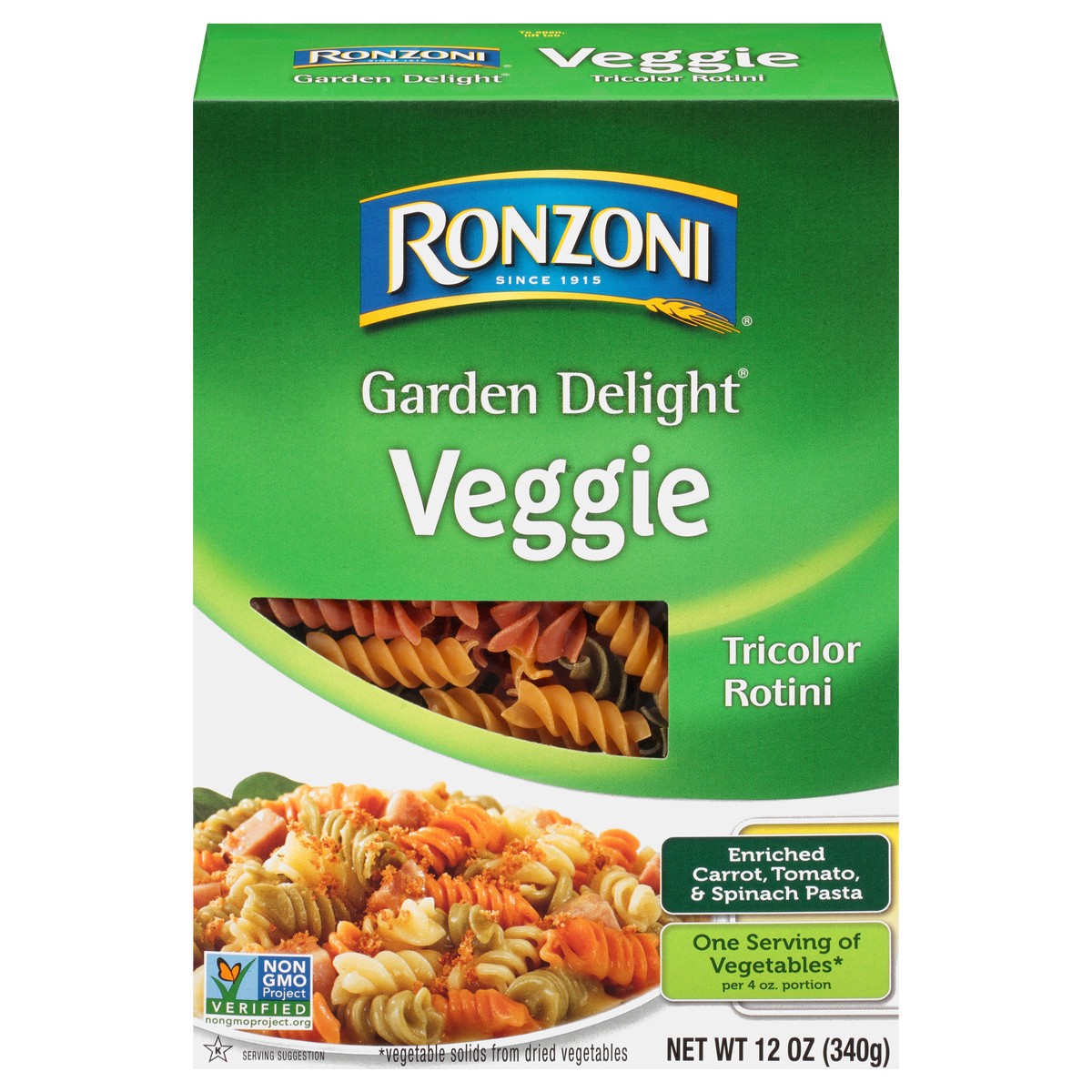 slide 1 of 9, Ronzoni Garden Delight Rotini, 12 oz, Non-GMO Tricolor Pasta
, 12 oz