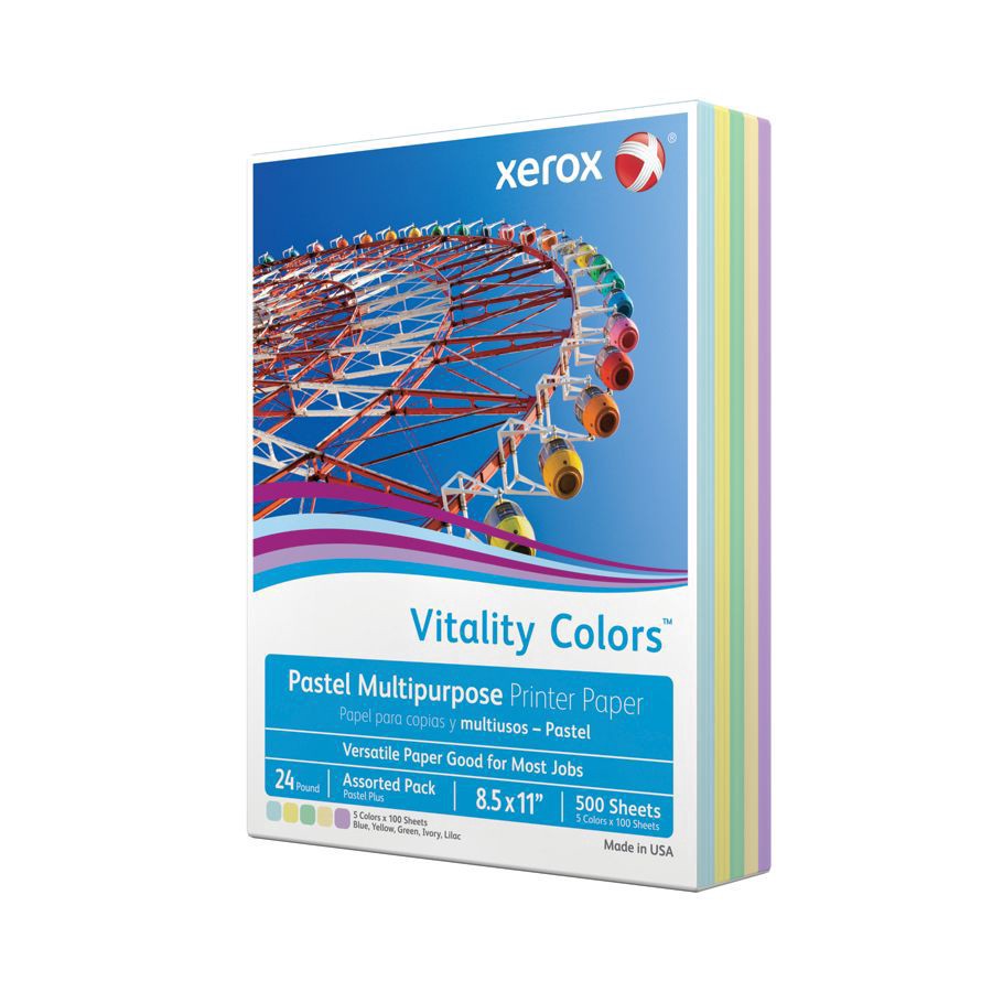 slide 3 of 3, Xerox Vitality Colors Pastel Plus Multi-Use Printer Paper, 24 lb, 30% Recycled - Assorted, 500 ct; 8 1/2 in x 11 in