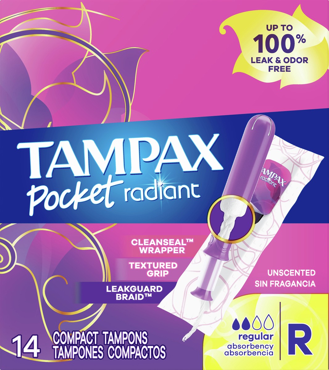 slide 1 of 4, Tampax Pocket Radiant Regular Absorbency Unscented Tampons 14 ea, 14 ct