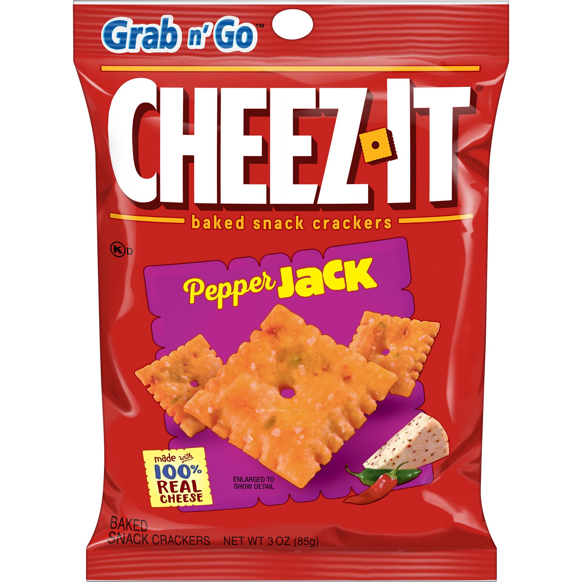 slide 1 of 5, Cheez-It Cheese Crackers, Baked Snack Crackers, Office and Kids Snacks, Pepper Jack, 3oz Bag, 1 Bag, 3 oz