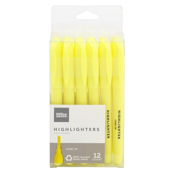 slide 1 of 2, Office Depot Brand 100% Recycled Pen-Style Highlighters, Yellow, Pack Of 12, 12 ct