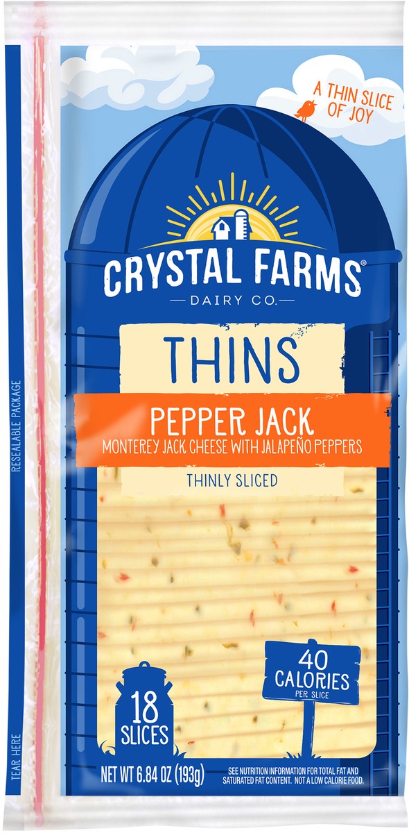 slide 6 of 6, Crystal Farms Thins Pepper Jack Sliced Cheese, 6.84 oz, 18 count, 18 ct