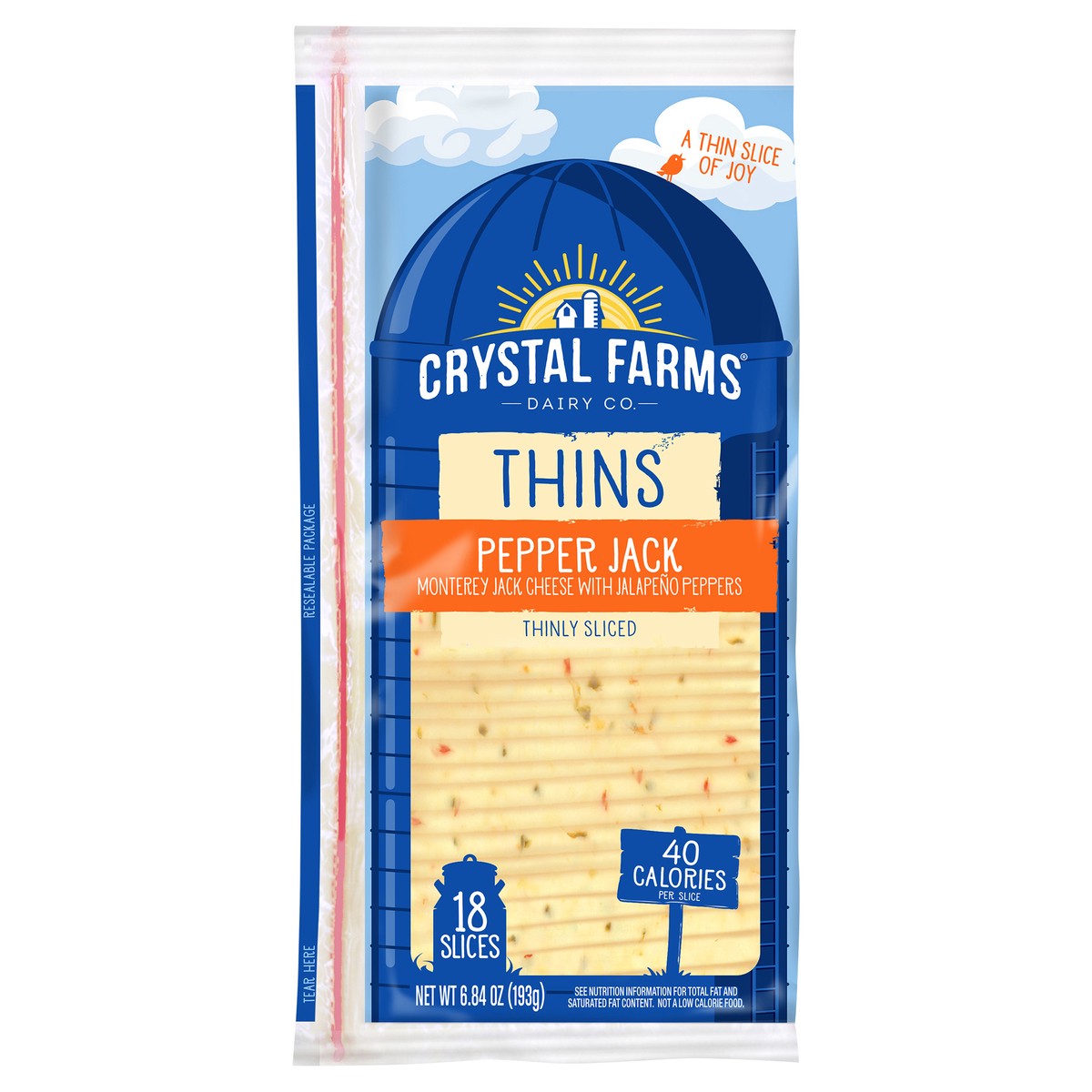 slide 2 of 6, Crystal Farms Thins Pepper Jack Sliced Cheese, 6.84 oz, 18 count, 18 ct
