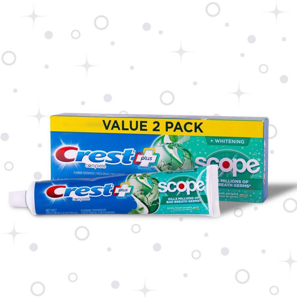 slide 5 of 10, Crest + Scope Complete Whitening Toothpaste - Minty Fresh - 5.4oz/2pk, 10.8 oz