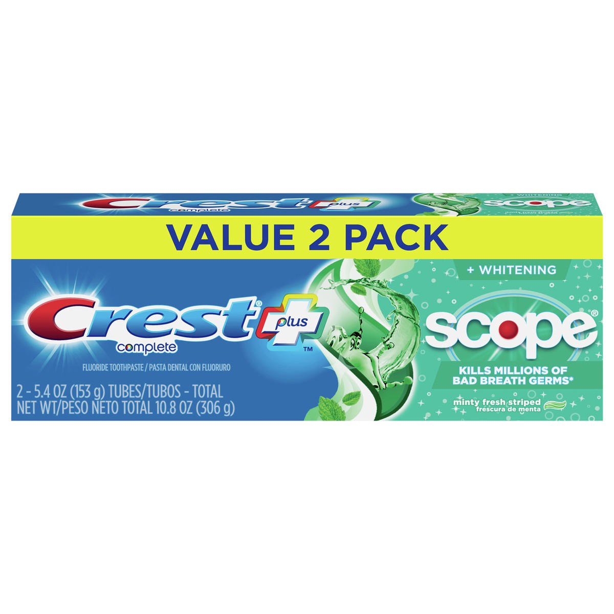 slide 1 of 10, Crest + Scope Complete Whitening Toothpaste, Minty Fresh, 5.4 oz, Pack of 2, 2 ct