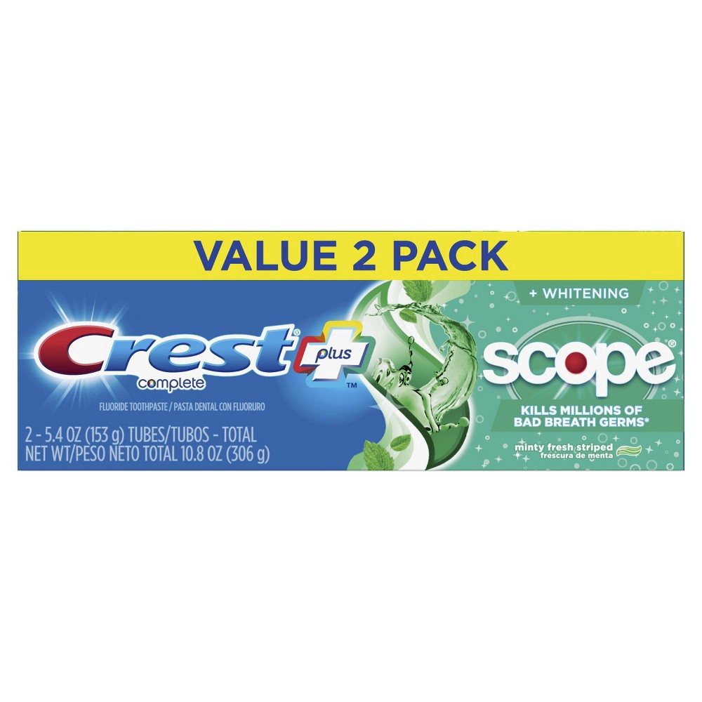 slide 6 of 10, Crest + Scope Complete Whitening Toothpaste - Minty Fresh - 5.4oz/2pk, 10.8 oz