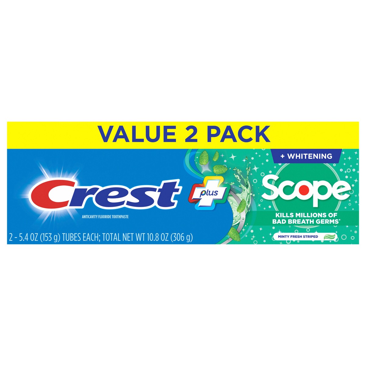 slide 1 of 10, Crest Whitening Plus Scope Toothpaste , Minty Fresh, 5.4 oz, Pack of 2, 2 ct
