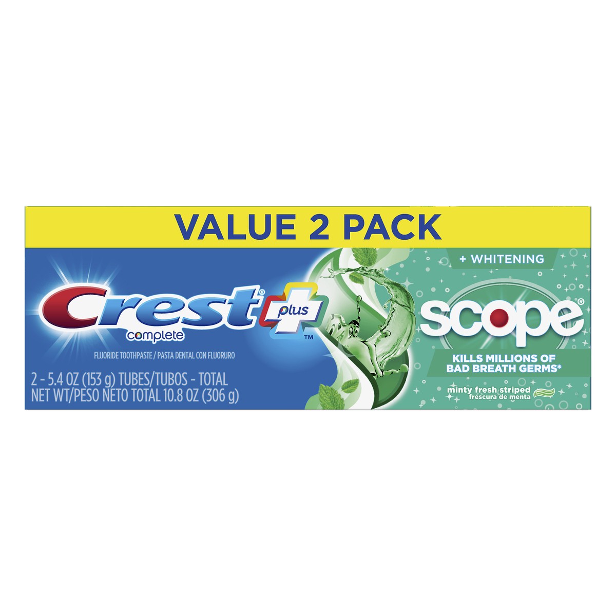 slide 1 of 1, Crest Complete Plus Scope Value 2 Pack Minty Fresh Stripped Fluoride Toothpaste 2 ea, 12.4 oz