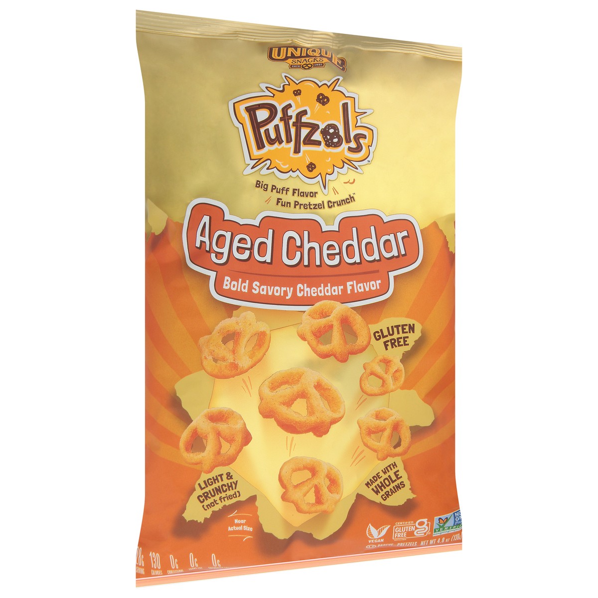 slide 9 of 9, Unique Snacks Puffzols Aged Cheddar Pretzels 4.8 oz, 4.8 oz