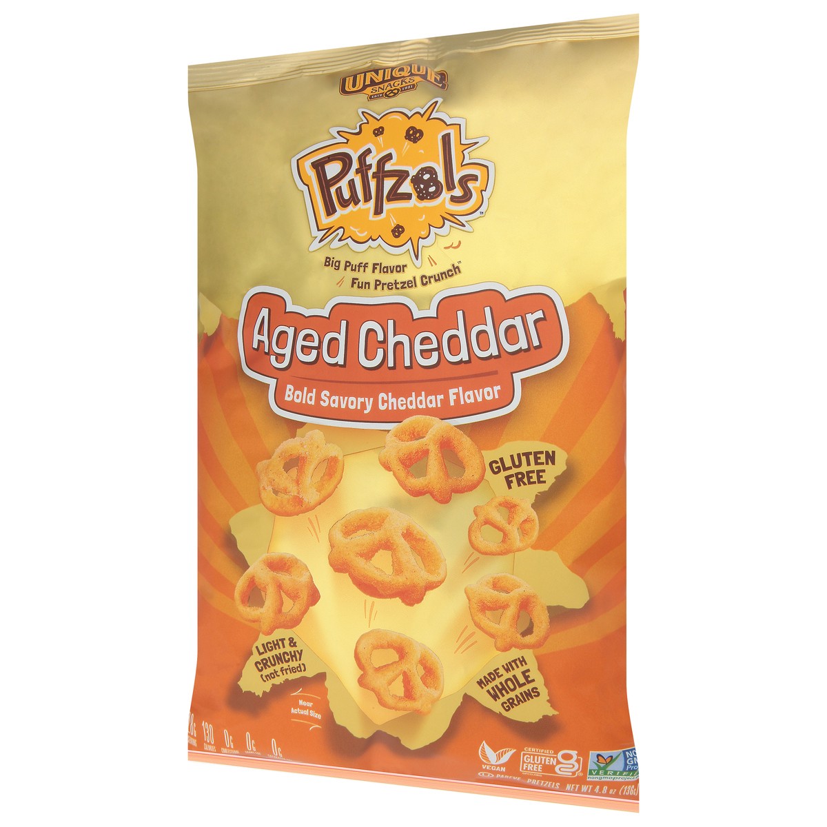 slide 4 of 9, Unique Snacks Puffzols Aged Cheddar Pretzels 4.8 oz, 4.8 oz