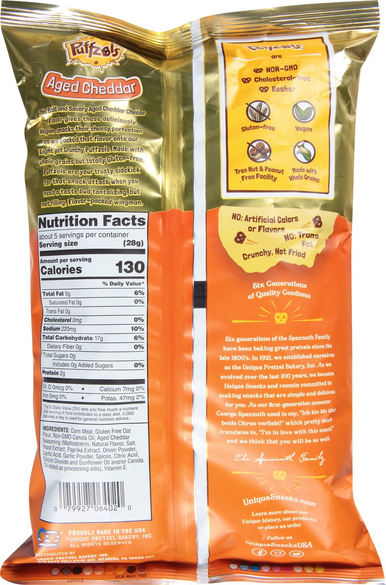 slide 6 of 9, Unique Snacks Puffzols Aged Cheddar Pretzels 4.8 oz, 4.8 oz