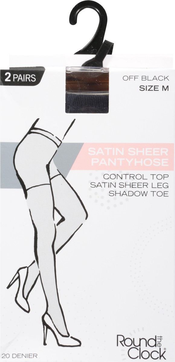 slide 9 of 9, Round The Clock Size M Off Black Satin Sheer Pantyhose - 2 Count, 2 ct
