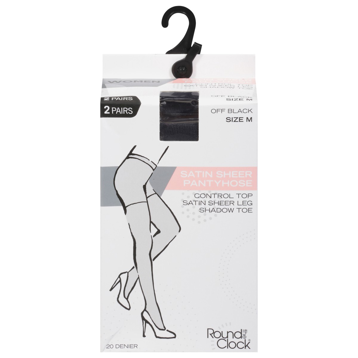 slide 2 of 9, Round The Clock Size M Off Black Satin Sheer Pantyhose - 2 Count, 2 ct