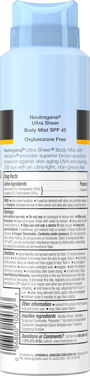 slide 2 of 6, Neutrogena Ultra Sheer Body Mist Sunscreen Spray Broad Spectrum SPF 45, Lightweight, Non-Greasy & Water Resistant, Oil-Free & Non-Comedogenic UVA/UVB Sunscreen Mist, 5 oz, 5 oz