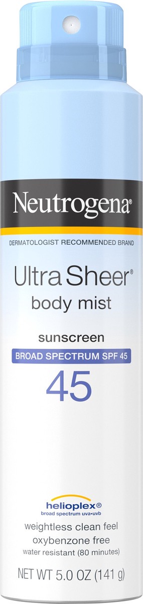 slide 6 of 6, Neutrogena Ultra Sheer Body Mist Sunscreen Spray Broad Spectrum SPF 45, Lightweight, Non-Greasy & Water Resistant, Oil-Free & Non-Comedogenic UVA/UVB Sunscreen Mist, 5 oz, 5 oz