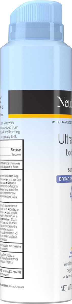 slide 4 of 6, Neutrogena Ultra Sheer Body Mist Sunscreen Spray Broad Spectrum SPF 45, Lightweight, Non-Greasy & Water Resistant, Oil-Free & Non-Comedogenic UVA/UVB Sunscreen Mist, 5 oz, 5 oz