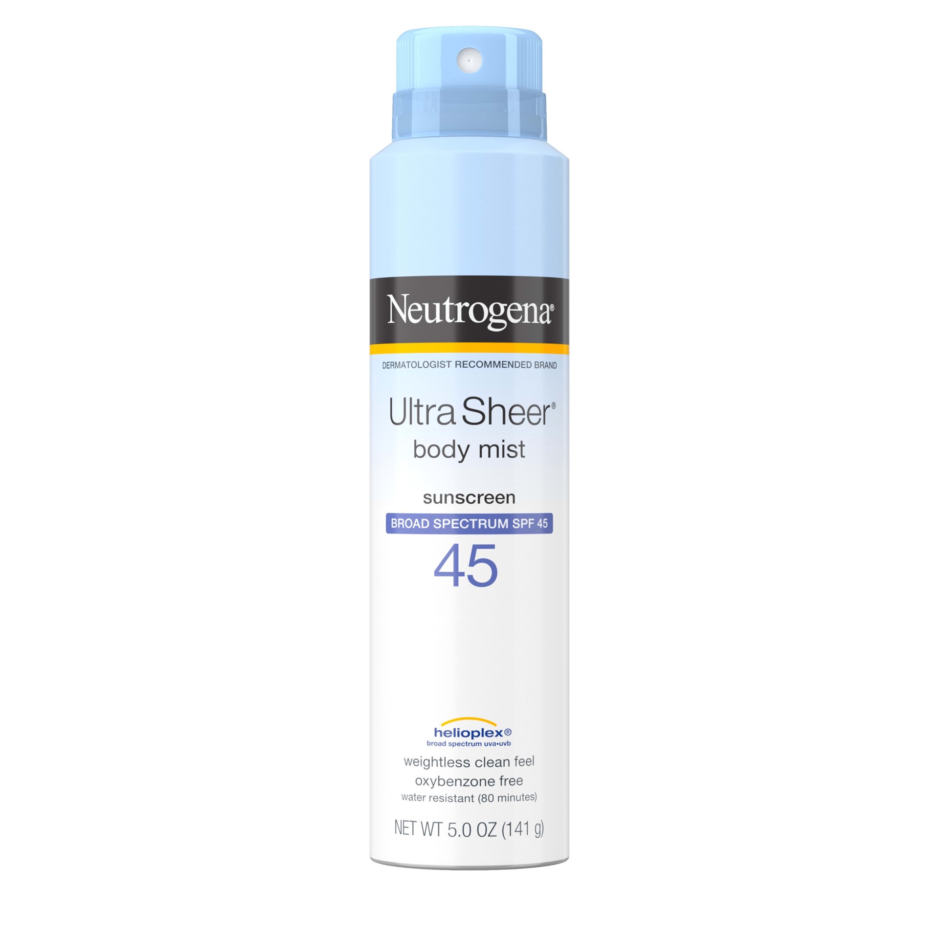 slide 1 of 6, Neutrogena Ultra Sheer Body Mist Sunscreen Spray Broad Spectrum SPF 45, Lightweight, Non-Greasy & Water Resistant, Oil-Free & Non-Comedogenic UVA/UVB Sunscreen Mist, 5 oz, 5 oz