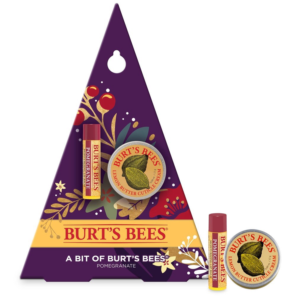 slide 3 of 5, Burt's Bees A Bit of Burt's Bees Holiday Gift Set, 100% Natural, Pomegranate Lip Balm and Lemon Butter Cuticle Cream, 2 Skin Care Products in Festive Gift Box, 1 ct