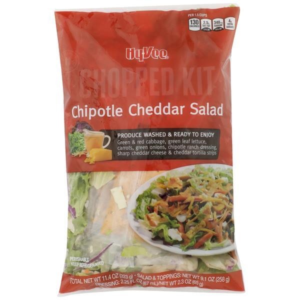 slide 1 of 1, Hy-vee Chipotle Cheddar Salad Green & Red Cabbage, Green Leaf Lettuce, Carrots, Green Onions, Chipotle Ranch Dressing, Sharp Cheddar Cheese & Cheddar Tortilla Strips Chopped Kit, 11.4 oz