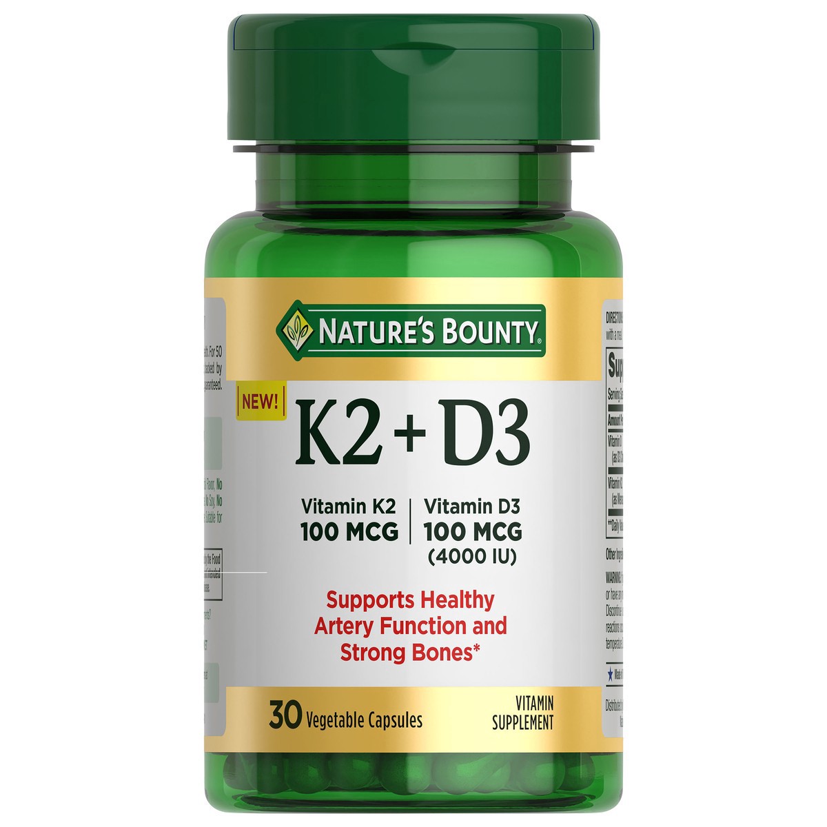 slide 8 of 11, Nature's Bounty K2 + D3, Strong Bones, Vegetable Capsules, 100 mcg Vitamin K + 4,000 IU Vitamin D, 30 ct
