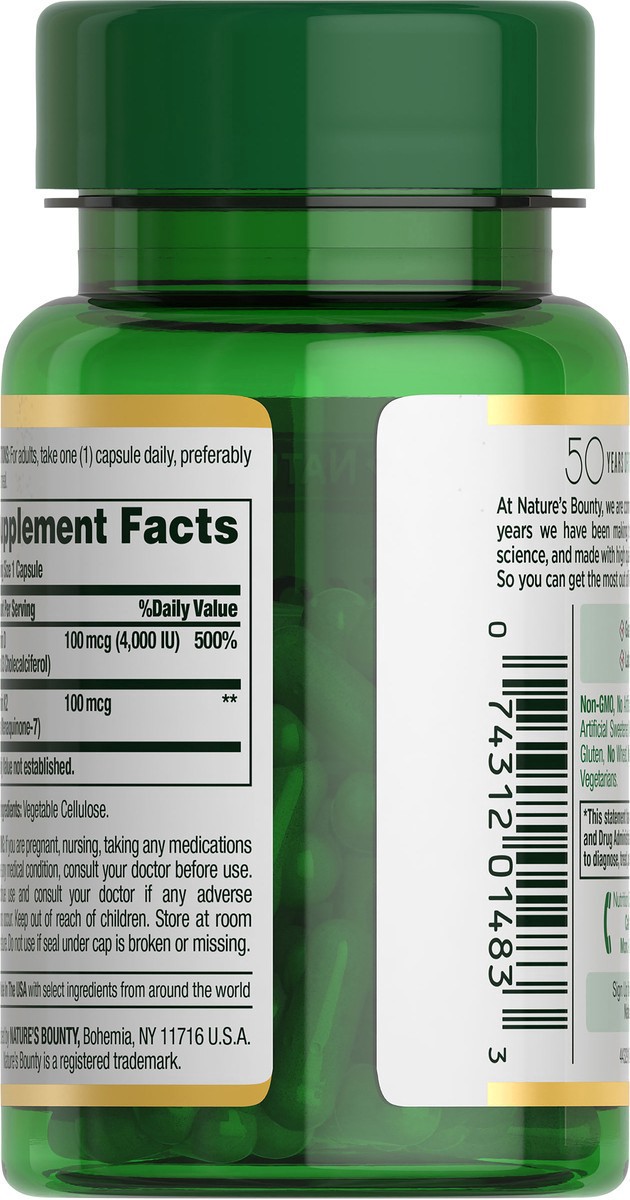 slide 10 of 11, Nature's Bounty K2 + D3, Strong Bones, Vegetable Capsules, 100 mcg Vitamin K + 4,000 IU Vitamin D, 30 ct