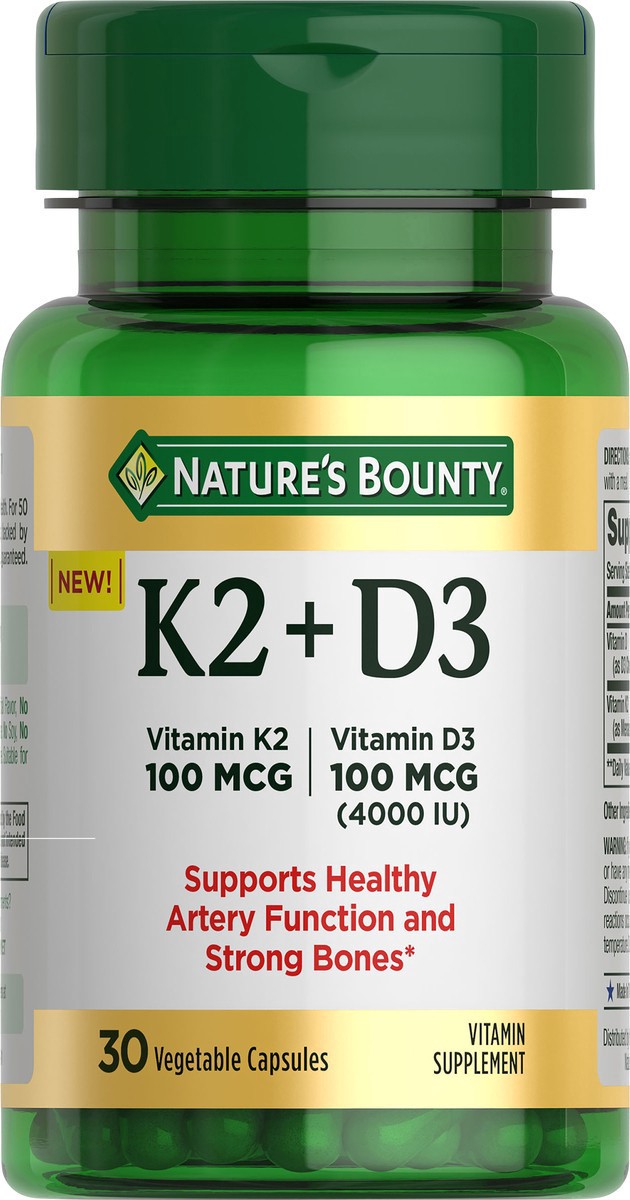 slide 9 of 11, Nature's Bounty K2 + D3, Strong Bones, Vegetable Capsules, 100 mcg Vitamin K + 4,000 IU Vitamin D, 30 ct