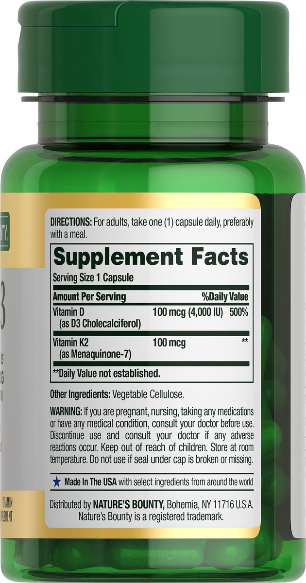 slide 11 of 11, Nature's Bounty K2 + D3, Strong Bones, Vegetable Capsules, 100 mcg Vitamin K + 4,000 IU Vitamin D, 30 ct