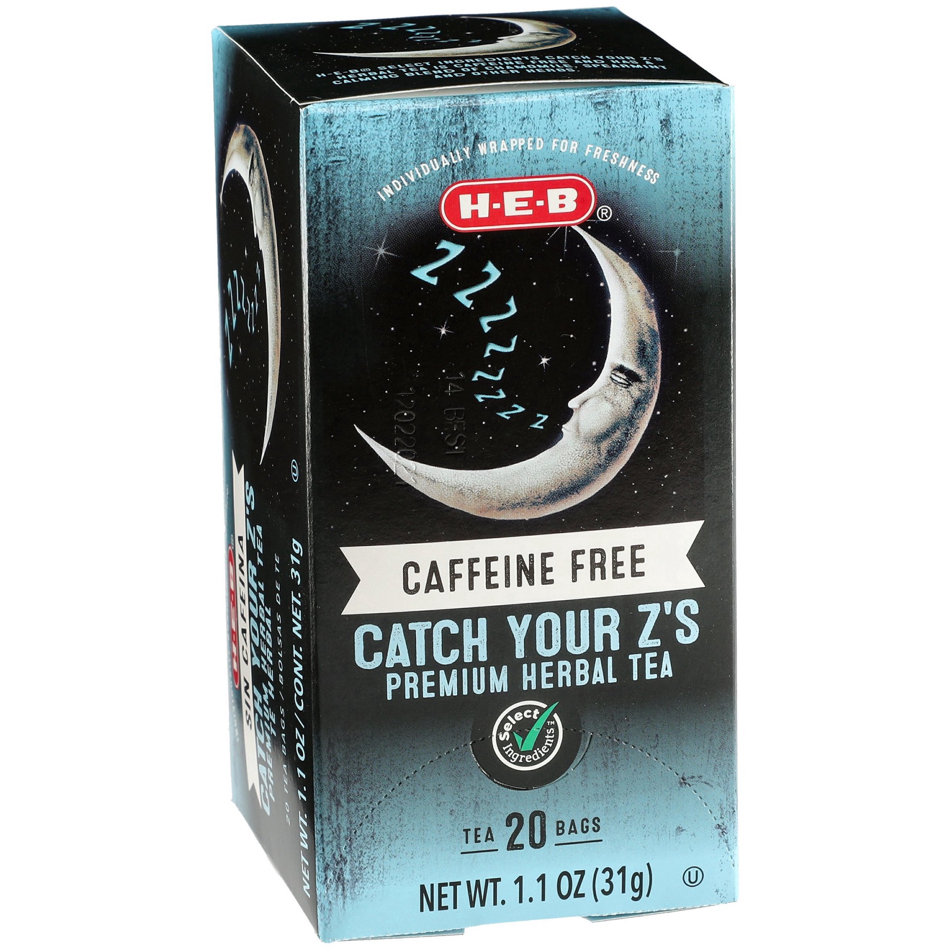 slide 1 of 1, H-E-B Catch Your Z's Caffeine Free Herbal Tea Bags, 20 ct
