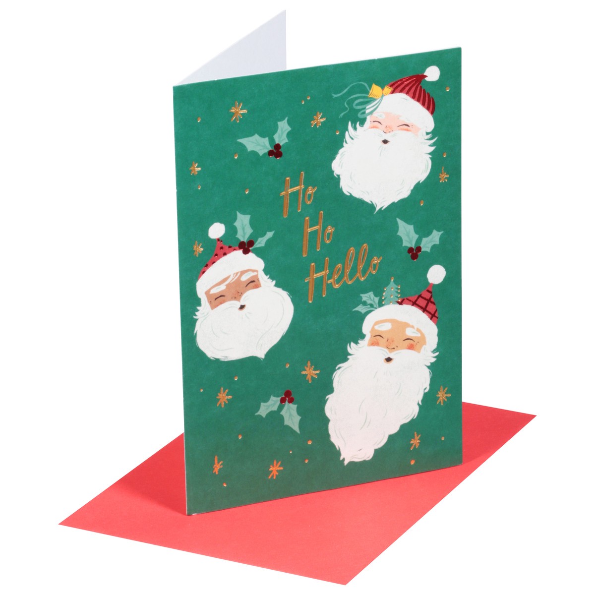 slide 5 of 9, American Greetings Send some extra jolly with this fun Christmas card featuring illustrations of retro Santa faces on a green background with holly, bells, ribbons, stars, and metallic red and gold accents. Inside, the straightforward message is short and sweet, and there''s plenty of room to add your own message if you like. It''s a great card to send to anyone who makes your season bright. Includes envelope., 1 ct