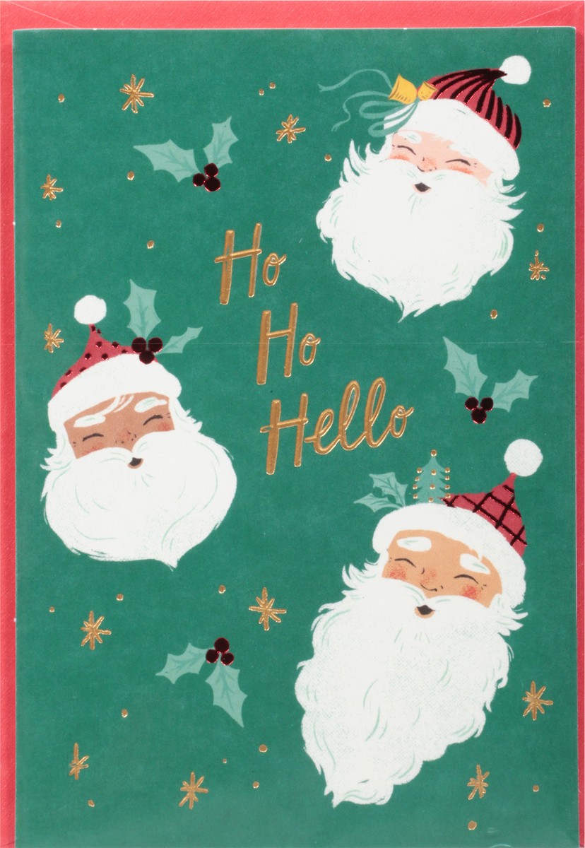 slide 2 of 9, American Greetings Send some extra jolly with this fun Christmas card featuring illustrations of retro Santa faces on a green background with holly, bells, ribbons, stars, and metallic red and gold accents. Inside, the straightforward message is short and sweet, and there''s plenty of room to add your own message if you like. It''s a great card to send to anyone who makes your season bright. Includes envelope., 1 ct